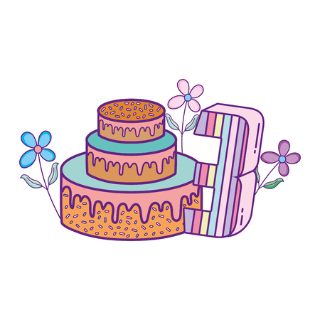 party cake with flowers and and candle number three number vector designのイラスト素材