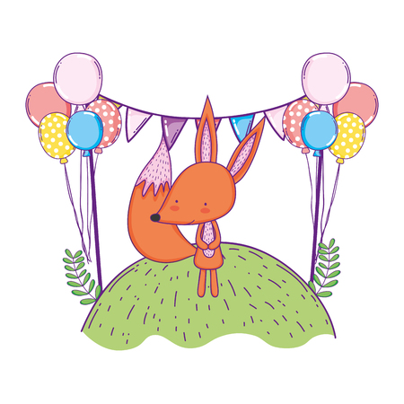 cute and little fox with balloons helium in the landscape vector illustrationのイラスト素材