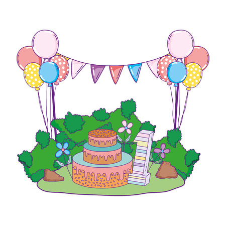 beautiful landscape with party cake and balloons helium vector illustrationのイラスト素材