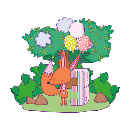 cute and little fox with balloons helium in the landscape vector illustrationのイラスト素材