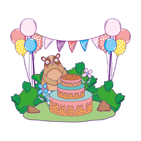 cute bear with sweet cake and balloons helium vector illustration designのイラスト素材