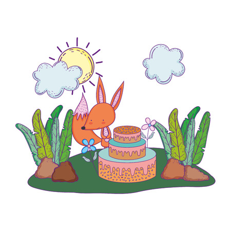 cute and little fox with sweet cake vector illustration designのイラスト素材