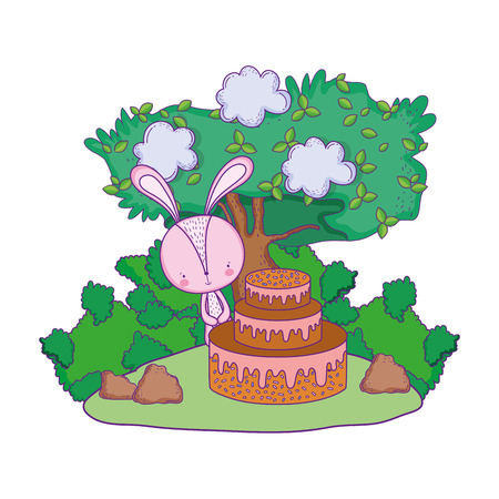 cute little rabbit with sweet cake in the landscape vector illustration designのイラスト素材