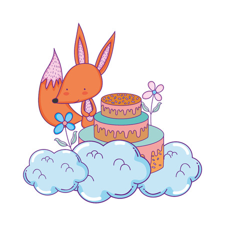 cute and little fox with sweet cake vector illustration designのイラスト素材