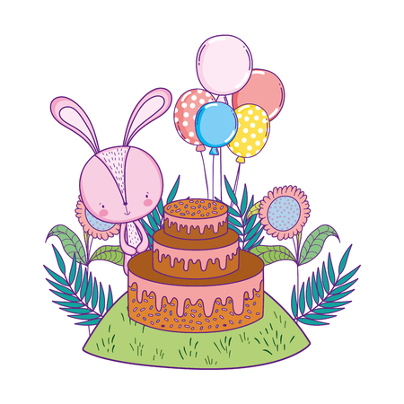 rabbit with sweet cake and balloons in the landscape vector illustration designのイラスト素材