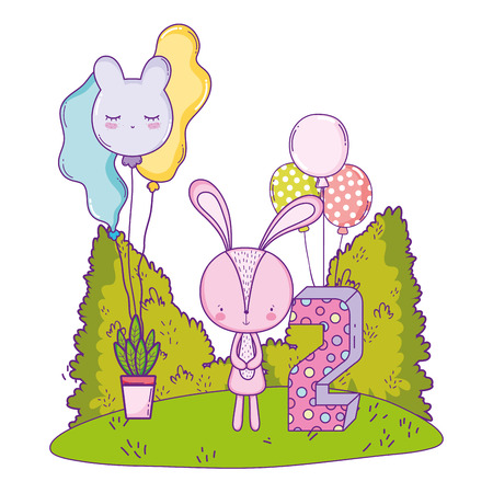 cute little rabbit with balloons helium in the landscape vector illustrationのイラスト素材