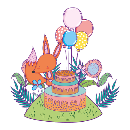 fox with cake and balloons helium in the landscape vector illustration designのイラスト素材