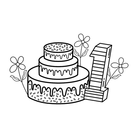 party cake with flowers and and candle number one vector illustration designのイラスト素材