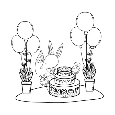 rabbit with sweet cake and balloons in the landscape vector illustration designのイラスト素材
