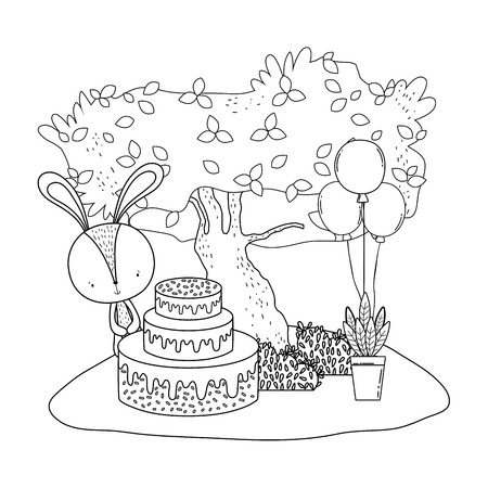 rabbit with sweet cake and balloons in the landscape vector illustration designのイラスト素材