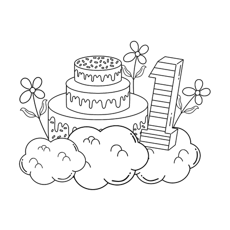 party cake with flowers and and candle number one vector illustration designのイラスト素材