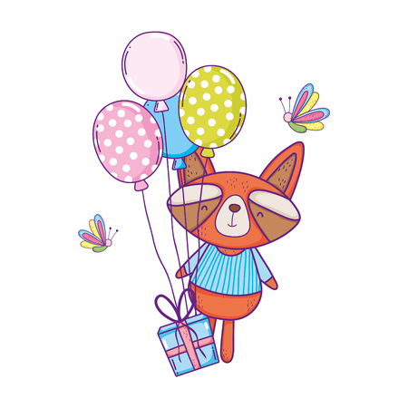 cute and little raccoon with balloons and giftsのイラスト素材