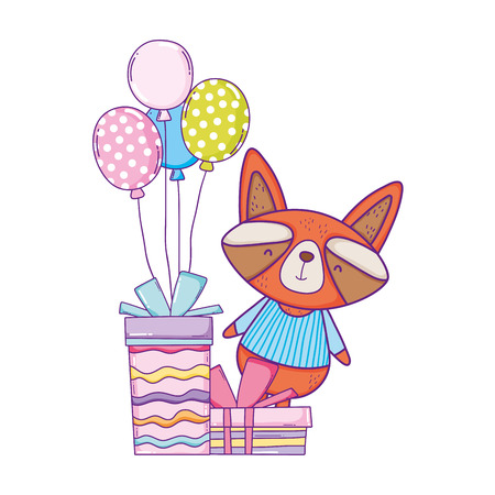 cute and little raccoon with balloons and gifts vector illustration designのイラスト素材