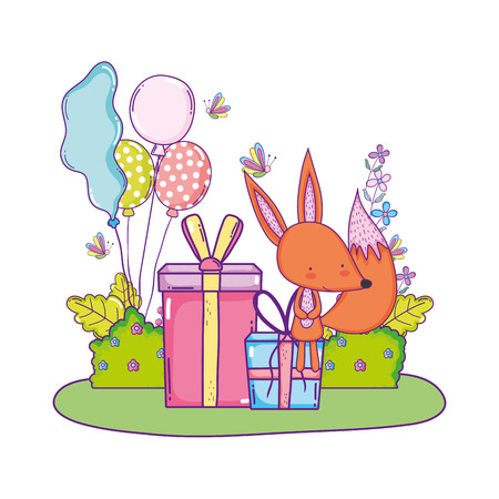 cute and little fox with balloons helium in the landscape vector illustrationのイラスト素材