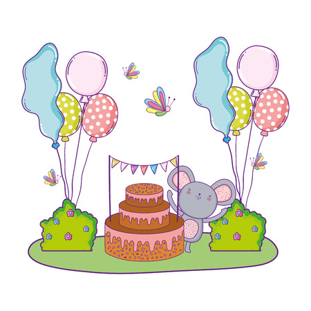 mouse with cake and balloons helium in the field vector illustration designのイラスト素材