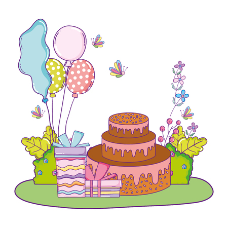 beautiful landscape with party cake and balloons helium vector illustrationのイラスト素材