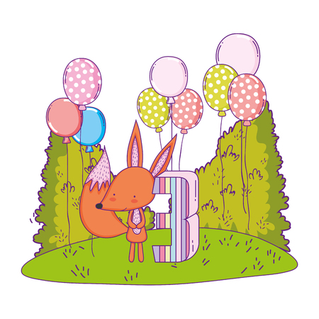 cute and little fox with balloons helium in the landscape vector illustrationのイラスト素材