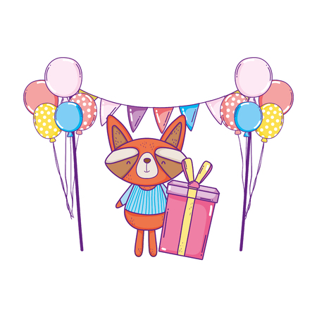cute and little raccoon with balloons and gifts vector illustration designのイラスト素材