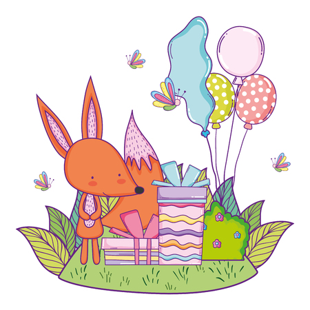 cute and little fox with balloons helium in the landscape vector illustrationのイラスト素材