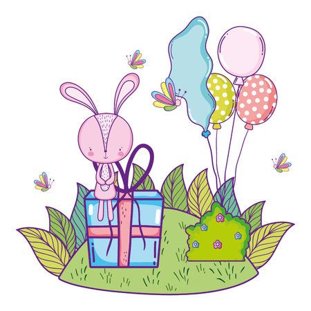 cute little rabbit with balloons helium in the landscape vector illustrationのイラスト素材