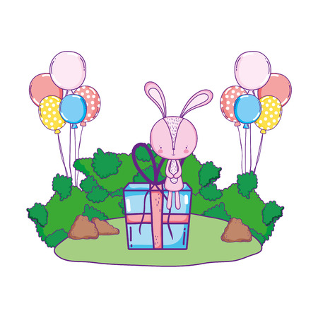 cute little rabbit with balloons helium in the landscape vector illustrationのイラスト素材