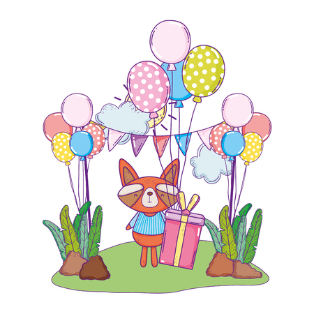 raccoon with balloons and gifts in the camp vector illustration designのイラスト素材