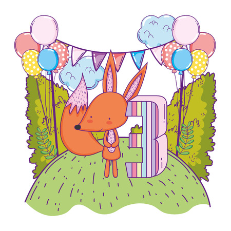 cute and little fox with balloons helium in the landscape vector illustrationのイラスト素材