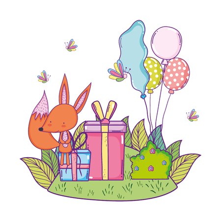 cute and little fox with balloons helium in the landscape vector illustrationのイラスト素材