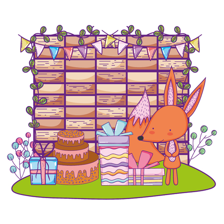 cute and little fox with sweet cake vector illustration designのイラスト素材