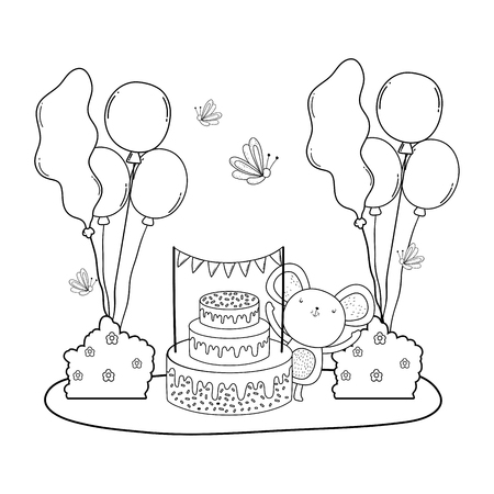 mouse with cake and balloons helium in the field vector illustration designのイラスト素材