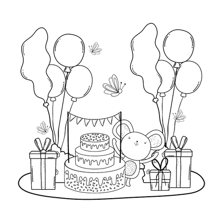 mouse with cake and balloons helium in the field vector illustration designのイラスト素材