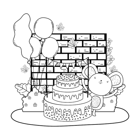 mouse with cake and balloons helium in the field vector illustration designのイラスト素材