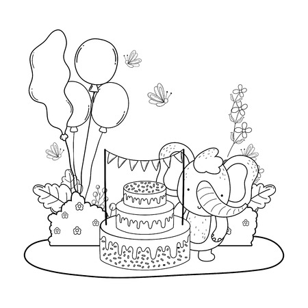 elephant with cake and balloons helium in the field vector illustration designのイラスト素材