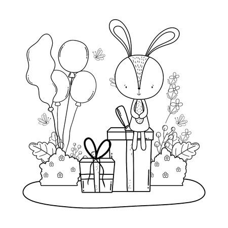 cute little rabbit with balloons helium in the landscape vector illustrationのイラスト素材