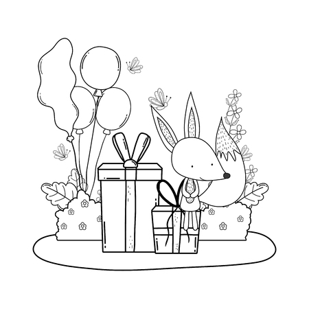 cute and little fox with balloons helium in the landscape vector illustrationのイラスト素材