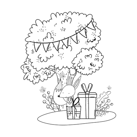 cute and little fox with giftbox in the landscape vector illustration designのイラスト素材