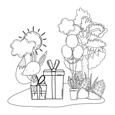 cute and little fox with balloons helium in the landscape vector illustrationのイラスト素材