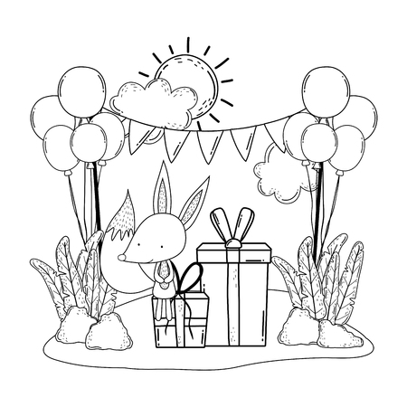 cute and little fox with balloons helium in the landscape vector illustrationのイラスト素材