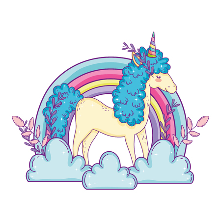 beautiful little unicorn in the clouds and rainbow vector illustration designのイラスト素材