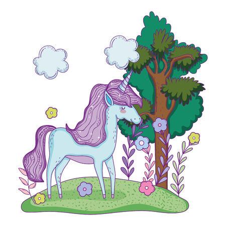 beautiful little unicorn in the landscape vector illustration designのイラスト素材