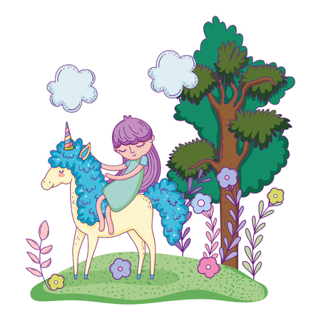 beautiful little unicorn with princess in the landscape vector illustration designのイラスト素材