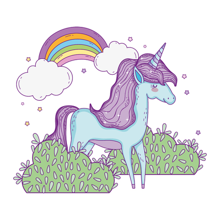 beautiful little unicorn with rainbow in the landscape vector illustration designのイラスト素材