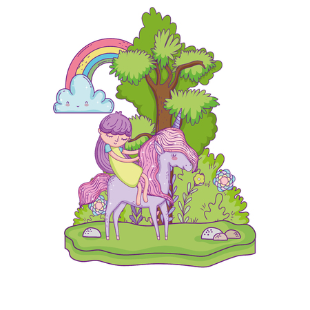 unicorn and princess in the landscape with rainbow vector illustration designのイラスト素材