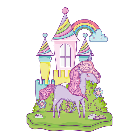 beautiful little unicorn with castle in the landscapeのイラスト素材