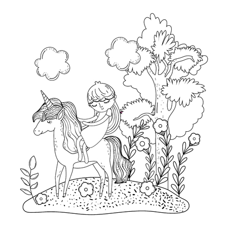 beautiful little unicorn with princess in the landscape vector illustration designのイラスト素材