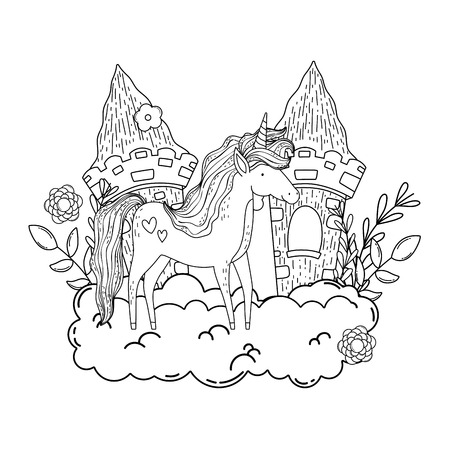 beautiful little unicorn with castle in the cloudsのイラスト素材