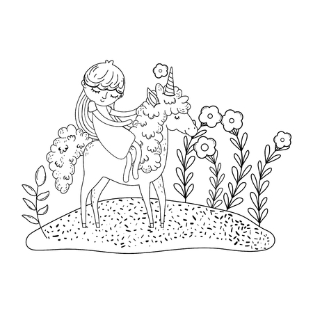 beautiful little unicorn with princess in the landscape vector illustration designのイラスト素材