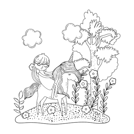 beautiful little unicorn with princess in the landscape vector illustration designのイラスト素材