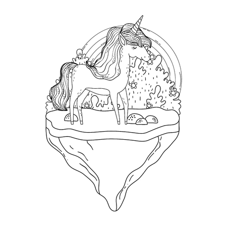 beautiful little unicorn with rainbow in the landscape vector illustration designのイラスト素材