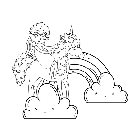 little unicorn and princess in the clouds with rainbow vector illustration designのイラスト素材
